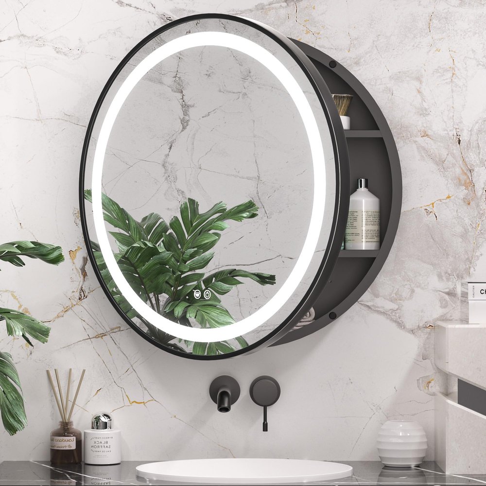 Keonjinn 26 Inch Round LED Medicine Cabinet Mirror for Bathroom with Defogger, 3 Color Lighted Medicine Cabinet, Black Round Medicine Cabinets with 2 Plugs, Surface Mount Mirror with Storage