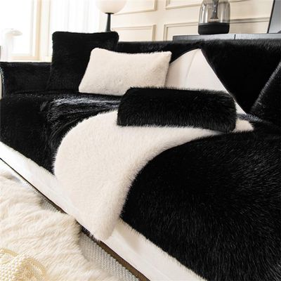 GVXOX Thick Rabbit Plush Sofa Covers, Non-Slip Sofa Slipcovers for Corner L Shape, Fluffy Faux Fur Corner Sofa Cushion Cover, for Living Room (Color : Black, Size : 110x160cm/43.3x63.0in)