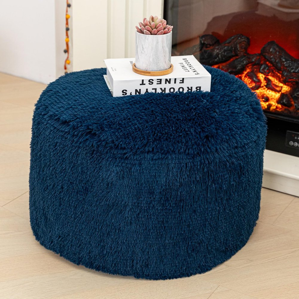AbunHeri Stuffed Pouf Ottoman with High Density Foam Filler Pouf Stool Round Foot Stool Storage Ottoman 20 * 12''Floor Poufs Foot Rest for Living Room (Navy Blue Pouf with Filler)