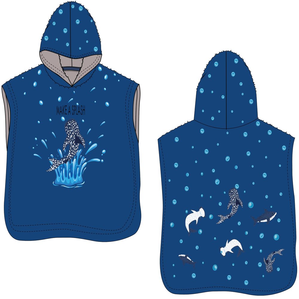 Midnight Warm - Hooded and Printed Kids Poncho, Beach, Bath, Pool Towels for Girls and Boys, Ages 3-7, Soft and Absorbent Cotton Inside & Quick Dry Microfiber Outside, 24x48 Inches (Shark)