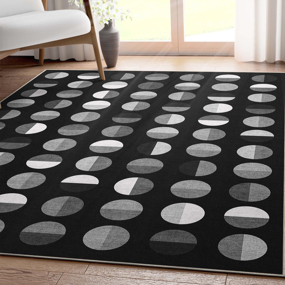 Well Woven Geometric Modern Washable 7'10" x 9'10" Area Rug - Black + White Overlapping Circles Dark - for Living Room, Dining Room and Bedroom