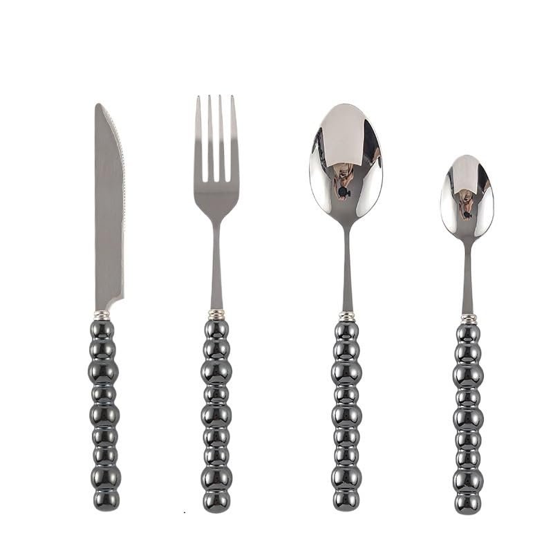 GOODJAYVEN Silverware Flatware Set, 4/16/24/32 Pieces Ceramic Pearl Handle Knives, Forks, Spoons, Eating Spoons, Steak Knives, Souvenirs (Color : Black, Size : 8Set-32Pcs)