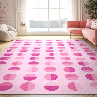Well Woven Apollo Washable 7'7" x 9'10" Area Rug - Hot Pink Modern Circles - for Living Room, Dining Room and Bedroom
