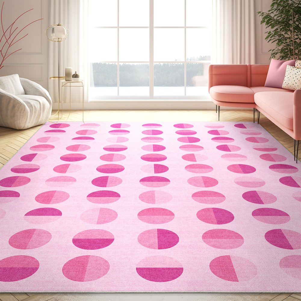 Well Woven Apollo Washable 7'7" x 9'10" Area Rug - Hot Pink Modern Circles - for Living Room, Dining Room and Bedroom
