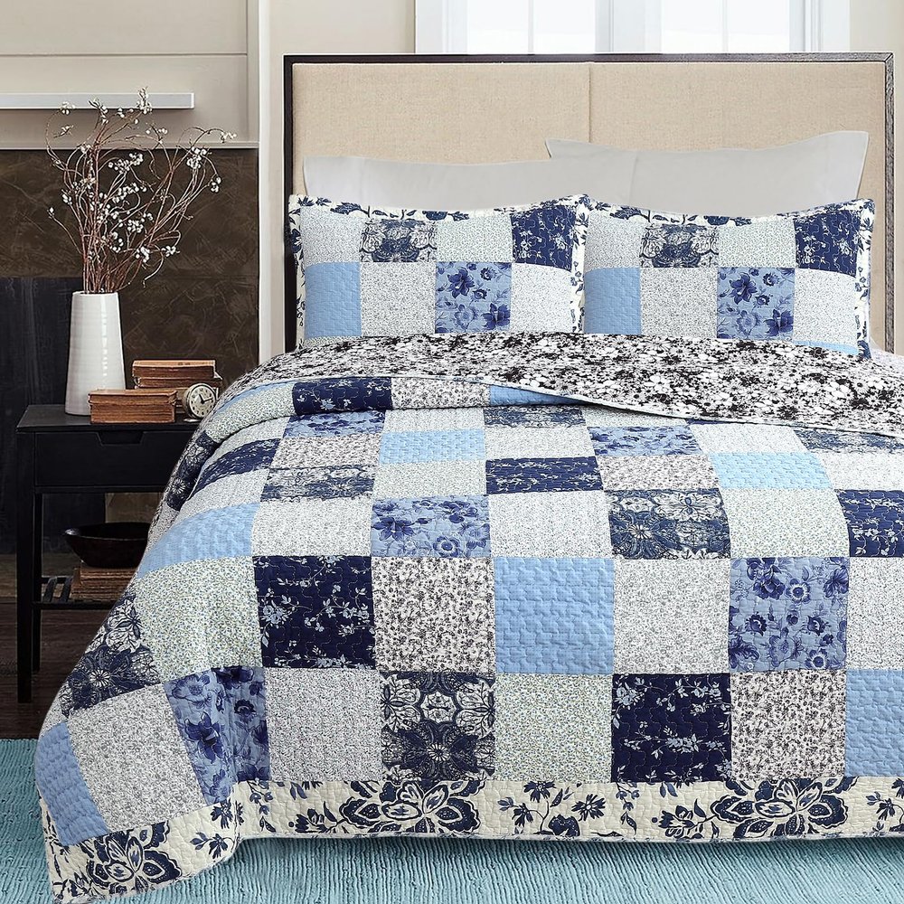 Cozy Line Home Fashions 100% Cotton Patchwork Blue Floral Garden Reversible Coverlet, Bedspread, Quilt Bedding Set (Azure Patchwork, Queen - 3 Piece)
