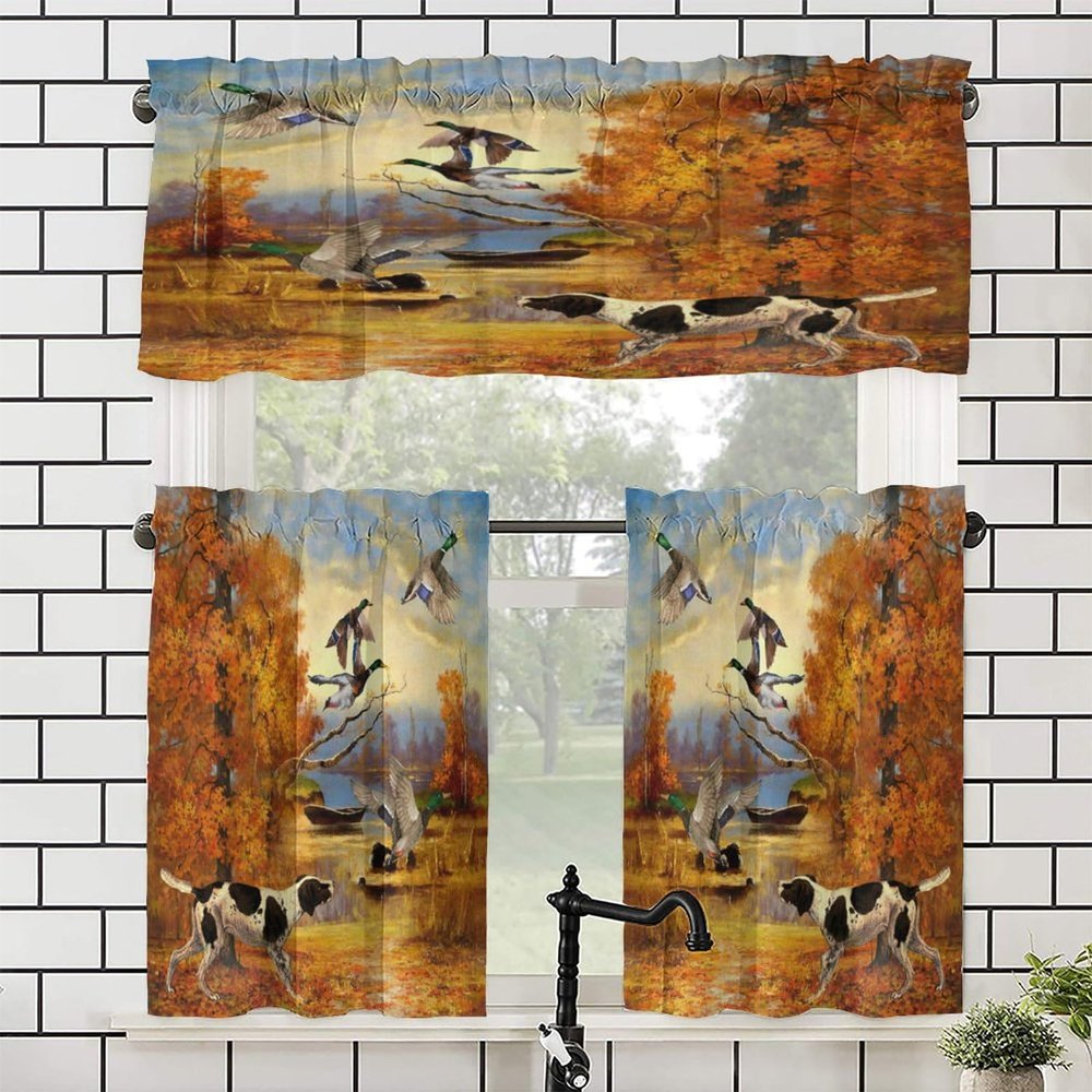 Brebasf Rustic Oil Painting Hunting Theme Window Treatment Valances,Abstract Fall Forest Dog Birds Chickens Ducks Rod Pocket Curtains Valance for Bedroom Curtain-1 Valance(54"x18")&2 Tiers(27.5"x24")