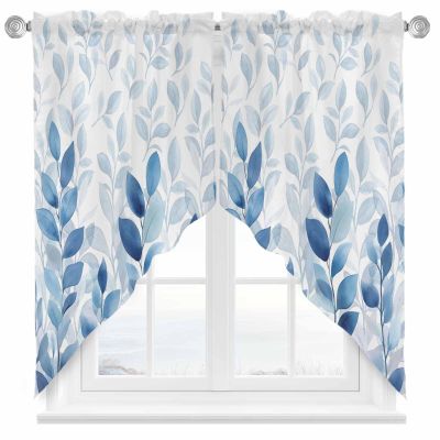 Alandar Home Blue Summer Leaves Branches Swag Valance for Window, Privacy Curtain Valances, Natural Plants on White Curtain Swag with Pole Pocket for Living Room, Bedroom - 36x45in*2