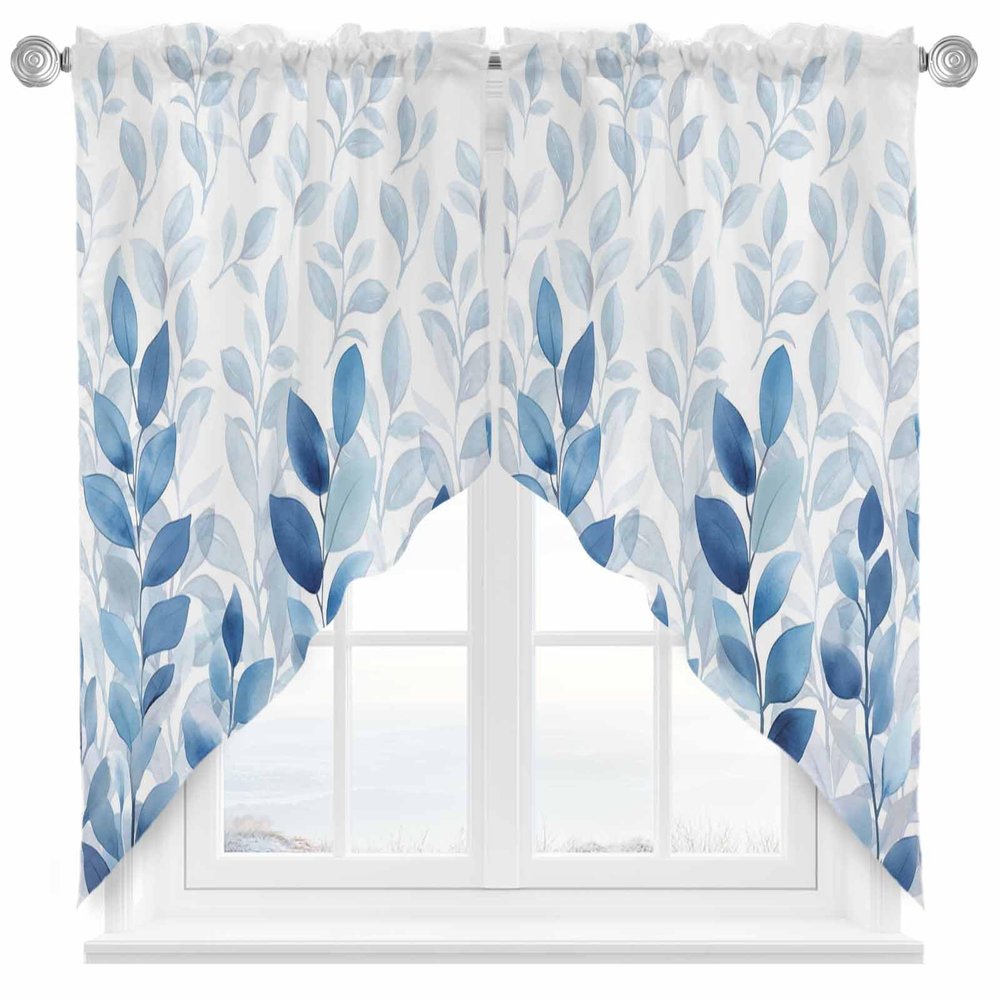 Alandar Home Blue Summer Leaves Branches Swag Valance for Window, Privacy Curtain Valances, Natural Plants on White Curtain Swag with Pole Pocket for Living Room, Bedroom - 36x45in*2
