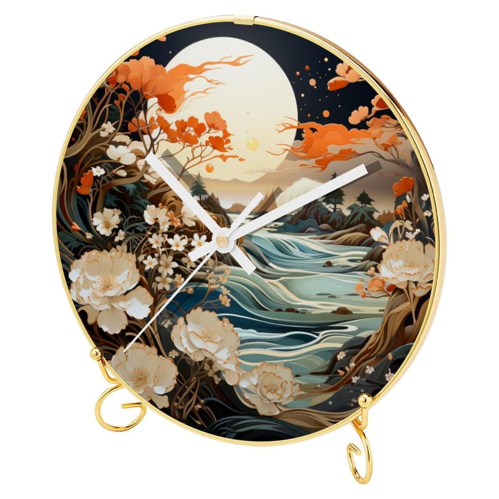 EITACHUL Oil Pastel Flowers Modern Wall Clocks: Round, Printed, with Hooks and Gold Stand - Silent, Non-Ticking Timepieces for Versatile Use as Home Dcor, Office Accessories, or Kitchen Gadgets