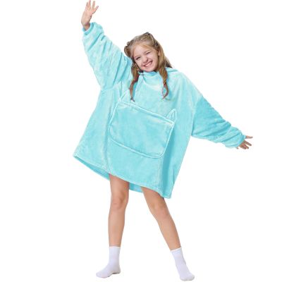 Aemilas Wearable Blanket Hoodie for Kids - Oversized Flannel Blanket Hoodie Sweatshirt with Hood Pocket and Sleeves, One Size Fits All (Aqua Blue)