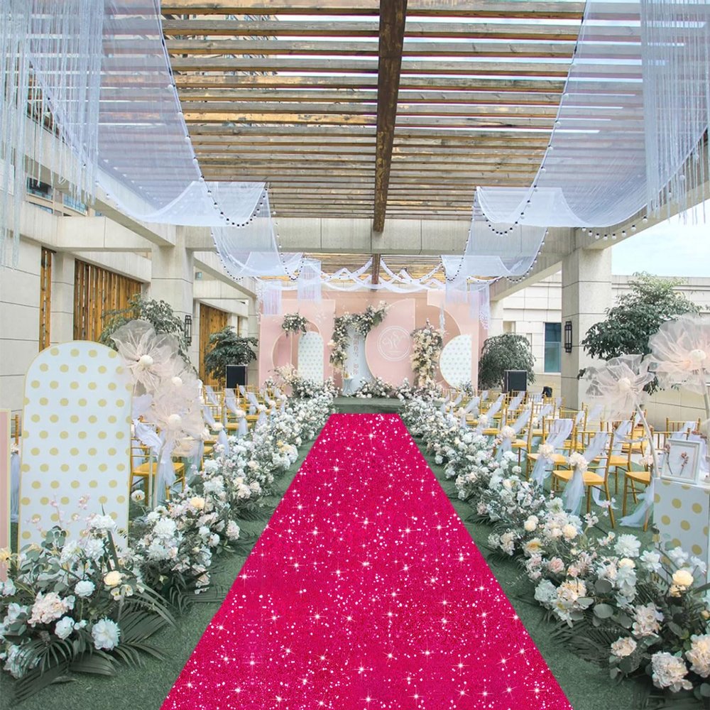 FUHSY Wedding Aisle Runner Rug Hot Pink Sequin Carpet Aisle Runner for Outdoor Wedding Ceremony Floor Runner Aisle Fuchsia Sparkle Wedding Walkway Runner for Outside Beach Bridal Shower Decorations
