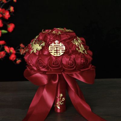 Bridal Wedding Bouquet, Chinese Retro Imitation red Rose Bouquet Artificial Fake Flowers Suitable for Wedding, Artificial Fake Flowers for Photography Props (Color : B, Size : Large)