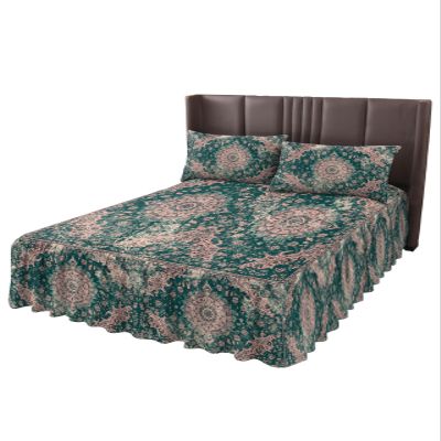 Boho Modern Bed Skirt for Full Size Bed,Wrap Around Bedding Skirt Gathered Dust Ruffle Bedskirt Sets with 2 Packs Matching Pillow Covers 30"x20",Classic 18 Inch Drop,Green Abstract Minimalist Flower