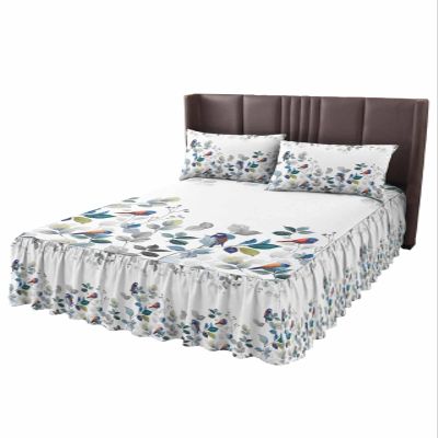 Blue Eucalyptus Bed Skirt for Twin XL Size Bed,Wrap Around Bedding Skirt Gathered Dust Ruffle Bedskirt Sets with 1 Pack Matching Pillow Covers 30"x20",18 Inch Drop,Country Rustic Grey Leaves Bird