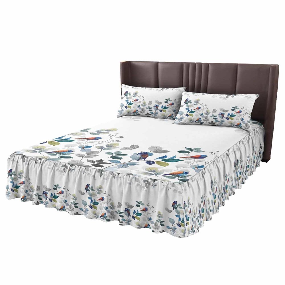 Blue Eucalyptus Bed Skirt for Twin XL Size Bed,Wrap Around Bedding Skirt Gathered Dust Ruffle Bedskirt Sets with 1 Pack Matching Pillow Covers 30"x20",18 Inch Drop,Country Rustic Grey Leaves Bird