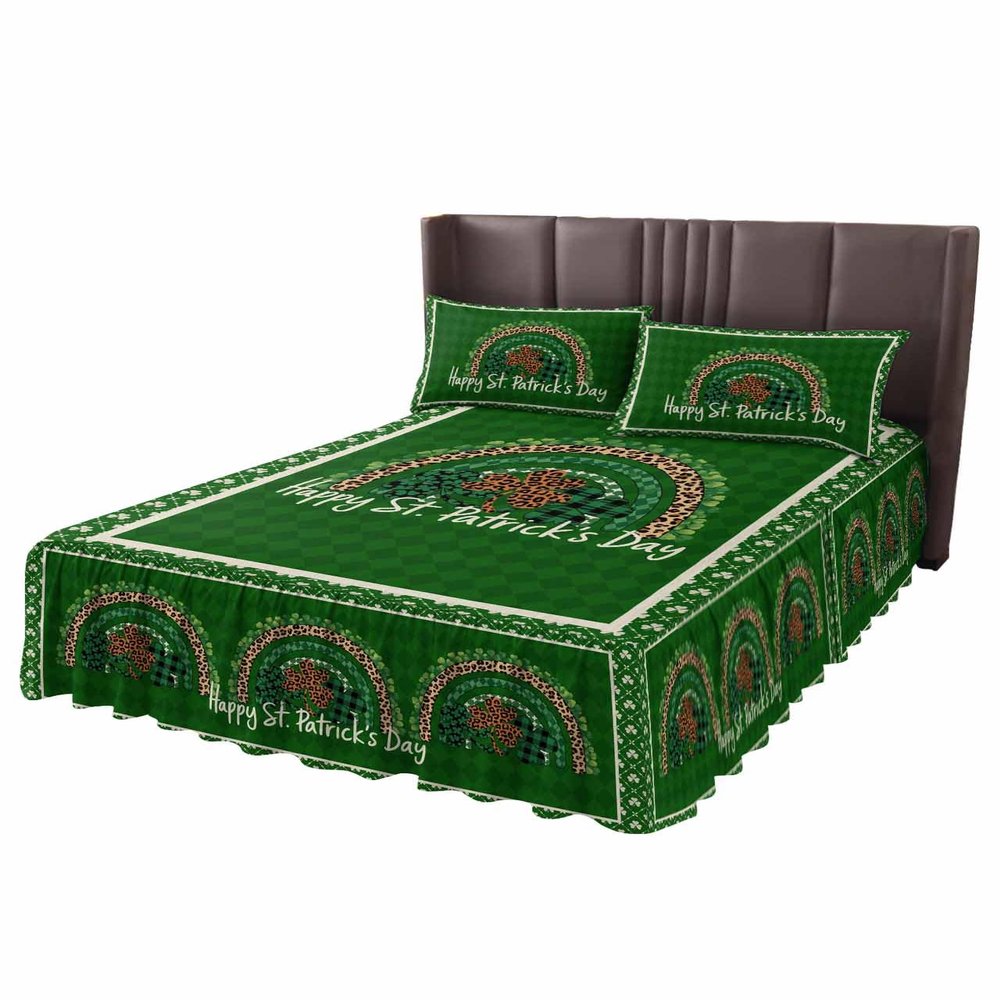 St. Patrick's Day Bed Skirt for Queen Size Bed,Wrap Around Bedding Skirt Gathered Dust Ruffle Bedskirt Sets with 2 Packs Matching Pillow Covers 30"x20",18" Drop,Watercolor Rainbow Plaid Leopard Print
