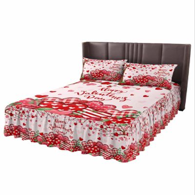 Valentine's Red Love Bed Skirt for Twin Size Bed,Wrap Around Bedding Skirt Gathered Dust Ruffle Bedskirt Sets with 1 Pack Matching Pillow Covers 30"x20",18 Inch Drop,Plaid Dots Heart Rose Leaves