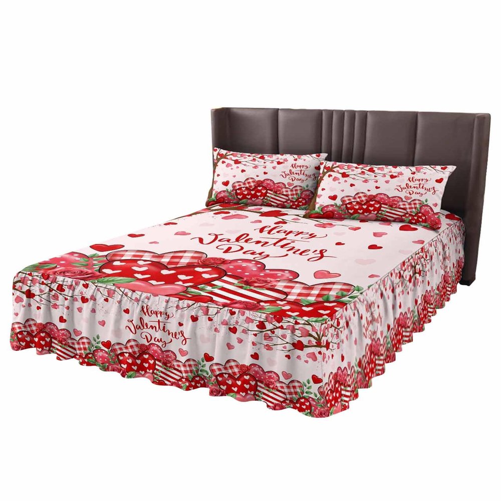 Valentine's Red Love Bed Skirt for Twin Size Bed,Wrap Around Bedding Skirt Gathered Dust Ruffle Bedskirt Sets with 1 Pack Matching Pillow Covers 30"x20",18 Inch Drop,Plaid Dots Heart Rose Leaves