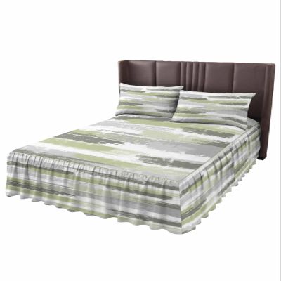 Abstract Sage Green Bed Skirt for Queen Size Bed,Wrap Around Bedding Skirt Gathered Dust Ruffle Bedskirt Sets with 2 Packs Matching Pillow Covers 30"x20",18" Drop,Modern Geometric Grey White Stripe