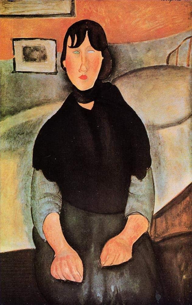 Toperfect Paintings on Canvas - 16 Famous Art Oil Paintings - dark young woman seated by a bed 1918 Amedeo Modigliani -04, $50-$2000 Hand Painted by Art Academies' Teachers