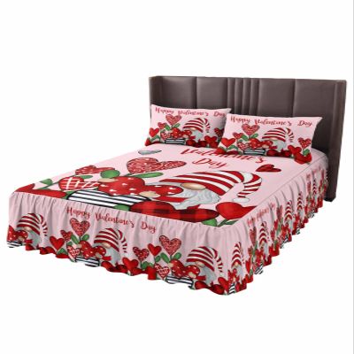 Valentine's Day Bed Skirt for King Size Bed,Wrap Around Bedding Skirt Gathered Dust Ruffle Bedskirt Sets with 2 Packs Matching Pillow Covers 36"x20",18 Inch Drop,Red Stripes Gnomes Love Rose Pink