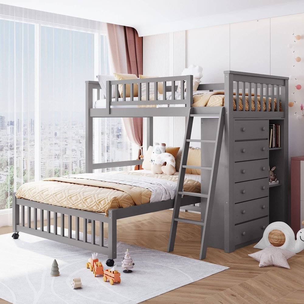 WEALTHKING Premium Solid Wood Bunk Bed with Staircase, 6 Storage Drawers,Flexible Shelves, Movable Trundle, Versatile Design, Easy Assembly Bedroom - Mattress Not Included (Grey,Twin Over Full)