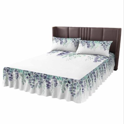 Teal Eucalyptus Bed Skirt for Queen Size Bed,Wrap Around Bedding Skirt Gathered Dust Ruffle Bedskirt Sets with 2 Packs Matching Pillow Covers 30"x20",18 Inch Drop,Botanical Leaves Contemporary White