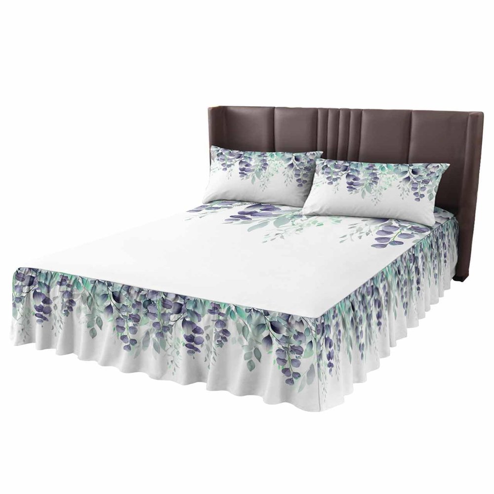 Teal Eucalyptus Bed Skirt for Queen Size Bed,Wrap Around Bedding Skirt Gathered Dust Ruffle Bedskirt Sets with 2 Packs Matching Pillow Covers 30"x20",18 Inch Drop,Botanical Leaves Contemporary White