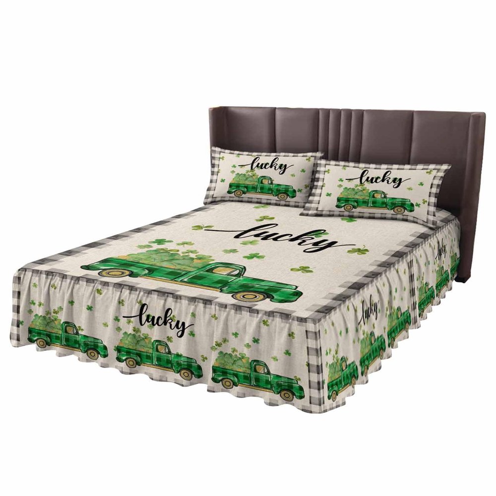 St. Patrick's Day Bed Skirt for Twin Size Bed,Wrap Around Bedding Skirt Gathered Dust Ruffle Bedskirt Sets With 1 Pack Matching Pillow Covers 30"x20",18 Inch Drop,Green Plaid Truck Black Buffalo Plaid