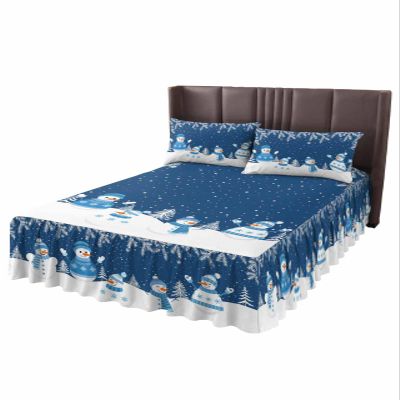 Blue Snowman Bed Skirt for Twin Size Bed,Wrap Around Bedding Skirt Gathered Dust Ruffle Bedskirt Sets with 1 Pack Matching Pillow Covers 30"x20",18 Inch Drop,Christmas Snowflake Geometric Tree Branch