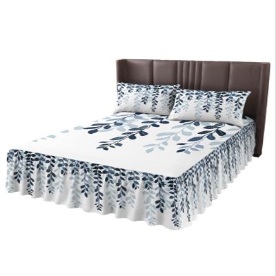 Gradual Blue Leaves Bed Skirt for Full Size Bed,Wrap Around Bedding Skirt Gathered Dust Ruffle Bedskirt Sets with 2 Packs Matching Pillow Covers 30"x20",18 Inch Drop,Geometric Country Botanical Plant