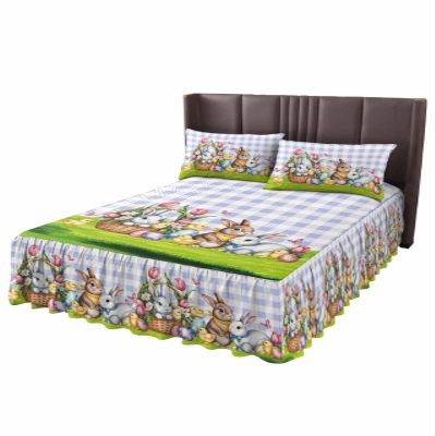 Easter Basket Bunny Bed Skirt for Full Size Bed,Wrap Around Bedding Skirt Gathered Dust Ruffle Bedskirt Sets With 2 Packs Matching Pillow Covers 30"x20",18" Drop,Easter Eggs Rabbits Purple Plaid Tulip