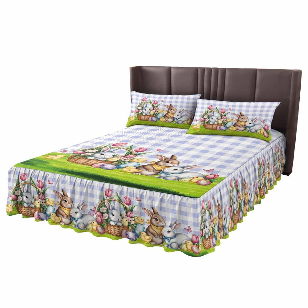 Easter Basket Bunny Bed Skirt for Full Size Bed,Wrap Around Bedding Skirt Gathered Dust Ruffle Bedskirt Sets With 2 Packs Matching Pillow Covers 30"x20",18" Drop,Easter Eggs Rabbits Purple Plaid Tulip
