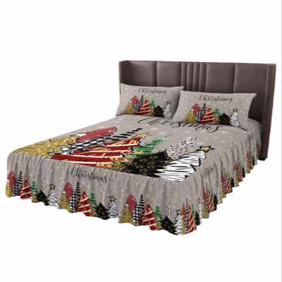 Christmas Tree Grey Bed Skirt for Queen Size Bed,Wrap Around Bedding Skirt Gathered Dust Ruffle Bedskirt Sets with 2 Packs Matching Pillow Covers 30"x20",18 Inch Drop,Snowflake Red Gold Green Dot
