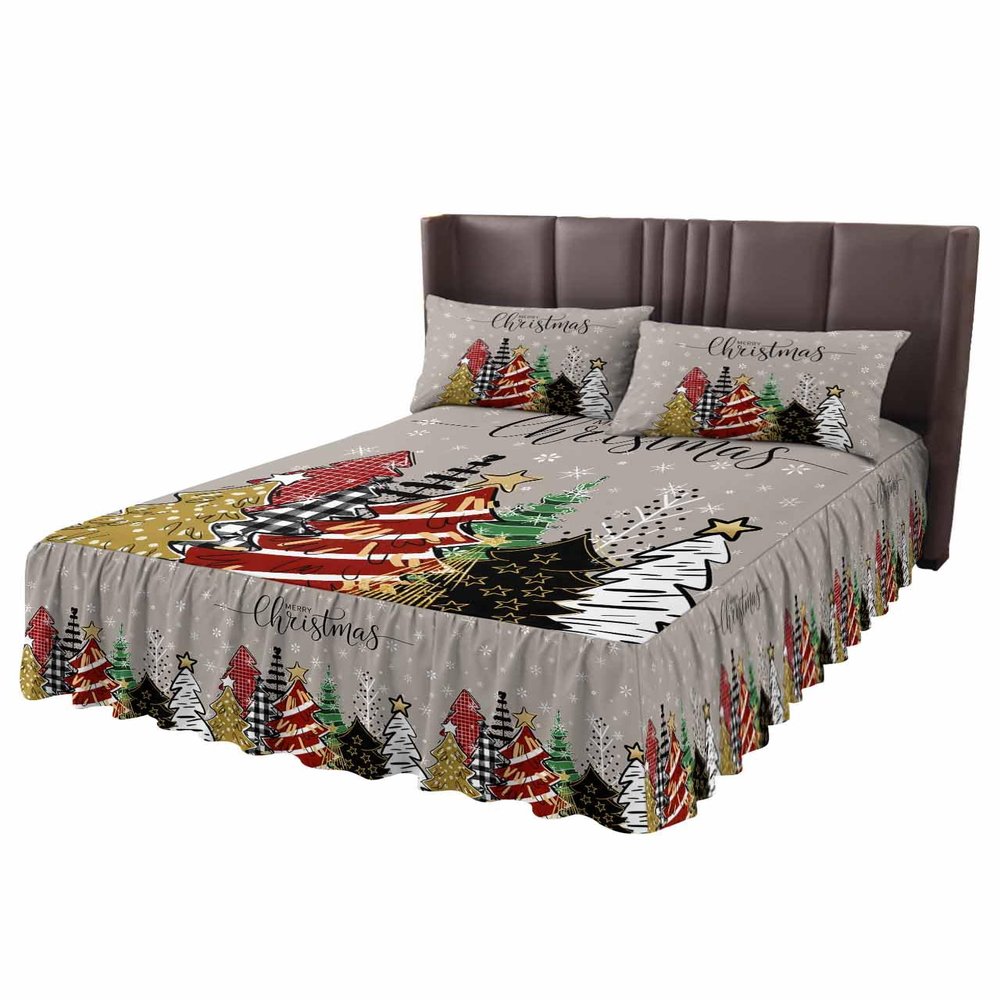 Christmas Tree Grey Bed Skirt for Queen Size Bed,Wrap Around Bedding Skirt Gathered Dust Ruffle Bedskirt Sets with 2 Packs Matching Pillow Covers 30"x20",18 Inch Drop,Snowflake Red Gold Green Dot