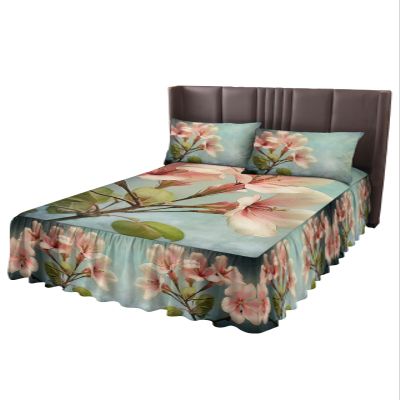 Flower Watercolor Bed Skirt for Full Size Bed,Wrap Around Bedding Skirt Gathered Dust Ruffle Bedskirt Sets with 2 Packs Matching Pillow Covers 30"x20",18 Inch Drop,Vintage Gradual Teal Botanical