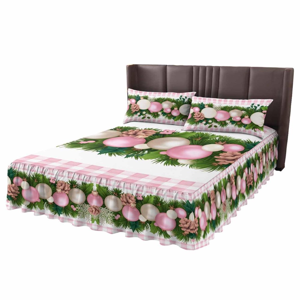 Christmas Balls Pink Bed Skirt for Cal King Size Bed,Wrap Around Bedding Skirt Gathered Ruffle Bedskirt Sets with 2 Packs Matching Pillow Covers 36"x20",18" Drop,Farmhouse Buffalo Berry Pine Cones