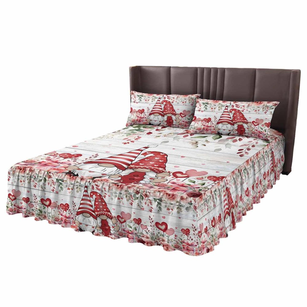 Valentine's Gnomes Bed Skirt for Twin Size Bed,Wrap Around Bedding Skirt Gathered Dust Ruffle Bedskirt Sets with 1 Pack Matching Pillow Covers 30"x20",Classic 18 Inch Drop,Rose Flower Woodgrain Pink