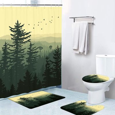 4 Pcs Green Misty Forest Coniferous Trees Birds Bathroom Shower Curtain Set Decor Waterproof with 12 Hooks and Non-Slip Rugs Toilet Lid,72x72