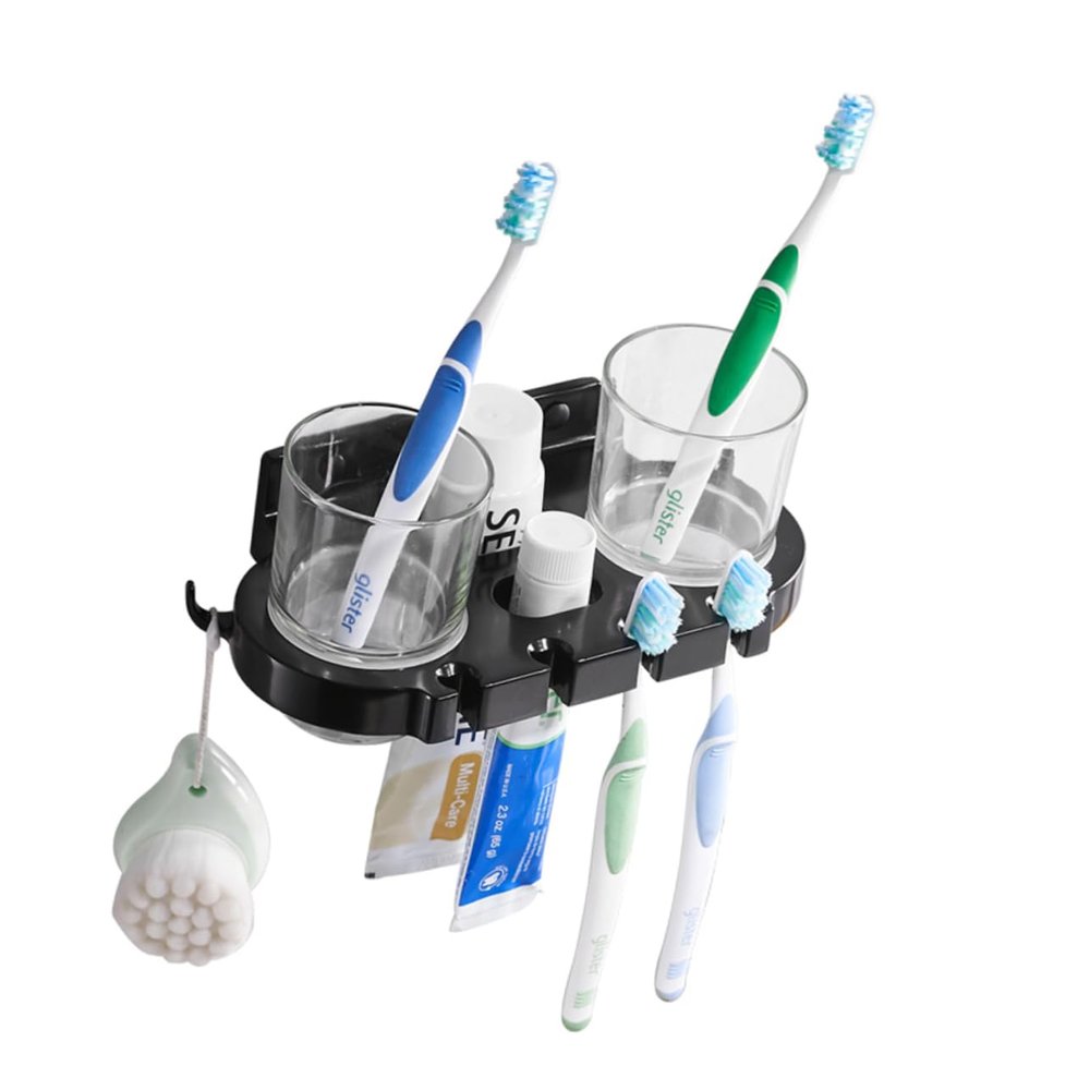 ABOOFAN Punch Toothbrush Rack with Double Cup Holder and Hooks for Bathroom Storage Space-Saving Multifunctional Design Easy Installation Black Aluminum Toothbrush Holder