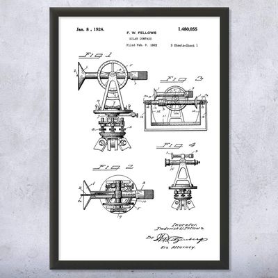 Patent Earth Framed Surveyors Solar Compass Print, Surveyor Gift, Surveying Wall Art, Architect Gifts, Civil Engineering Black & White (13x19)