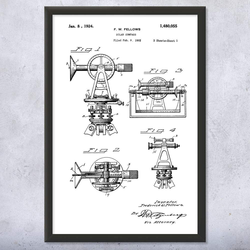 Patent Earth Framed Surveyors Solar Compass Print, Surveyor Gift, Surveying Wall Art, Architect Gifts, Civil Engineering Black & White (13x19)