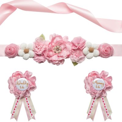 Afkengung Pink Maternity Sash Set Daddy and Mommy to be Corsage Pin Flowers Baby Shower Souvenir Sash Supplies Gender Reveal Decorations Pregnancy Photography PropsPink