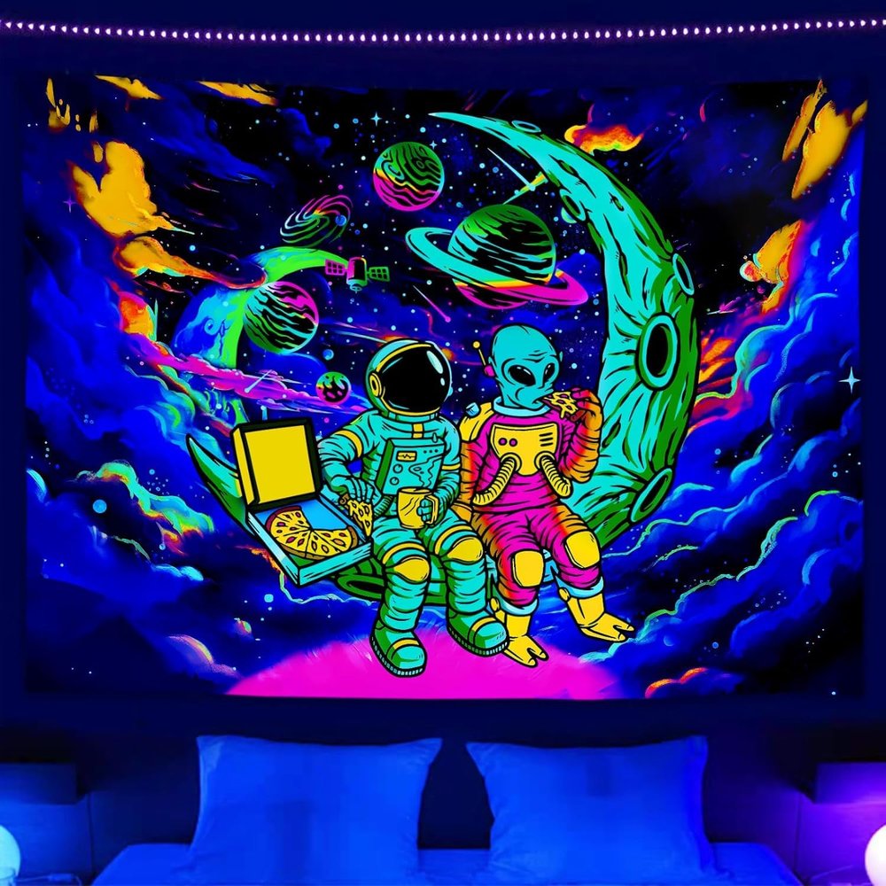 Sanzugh Funny Space Astronaut Alien Blacklight Tapestry UV Reactive Poster, Trippy Universe Black Light Decor for Men Guys Room Bedroom Cool Large Psychedelic Glow in the Dark Tapestries Wall Hanging