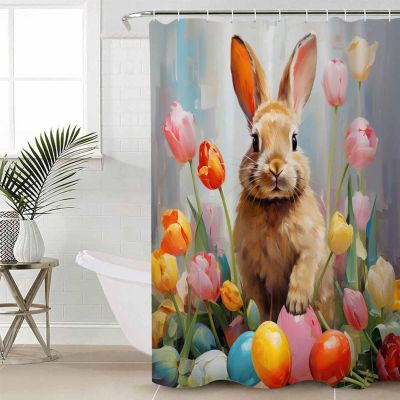 Double Love Easter Bunny Painted Bathroom Curtain 72 Inch Shower Stall Curtain with Hooks, Waterproof Polyester Bath Curtain Washable Bathtub Curtain Modern Abstract Eggs Tulip 36''x 72''