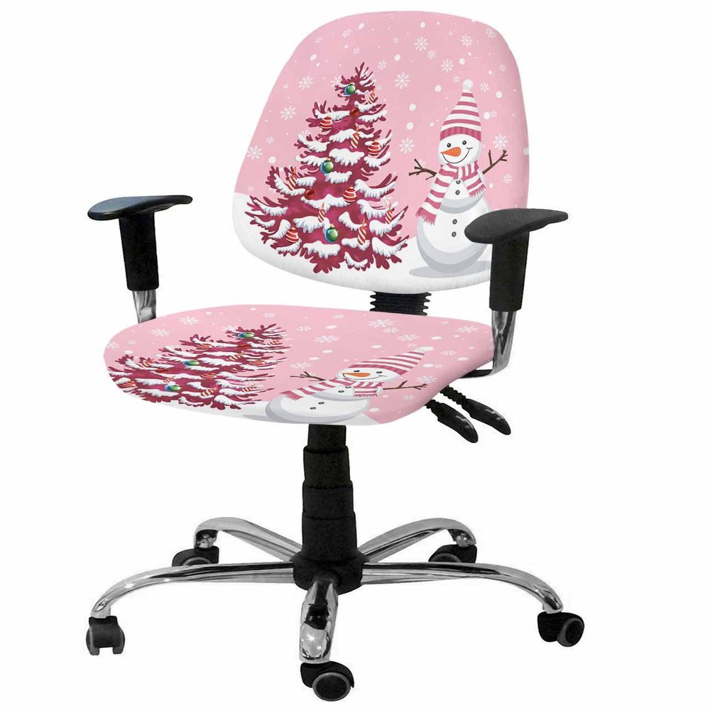 Jolunifun Blush Pink Snowman Office Chair Covers Stretchable 2 Piece, Soft Decorative Computer Desk Chair Cover Protector Universal Rotating Chair Slipcover Christmas Snowflake Pine Tree