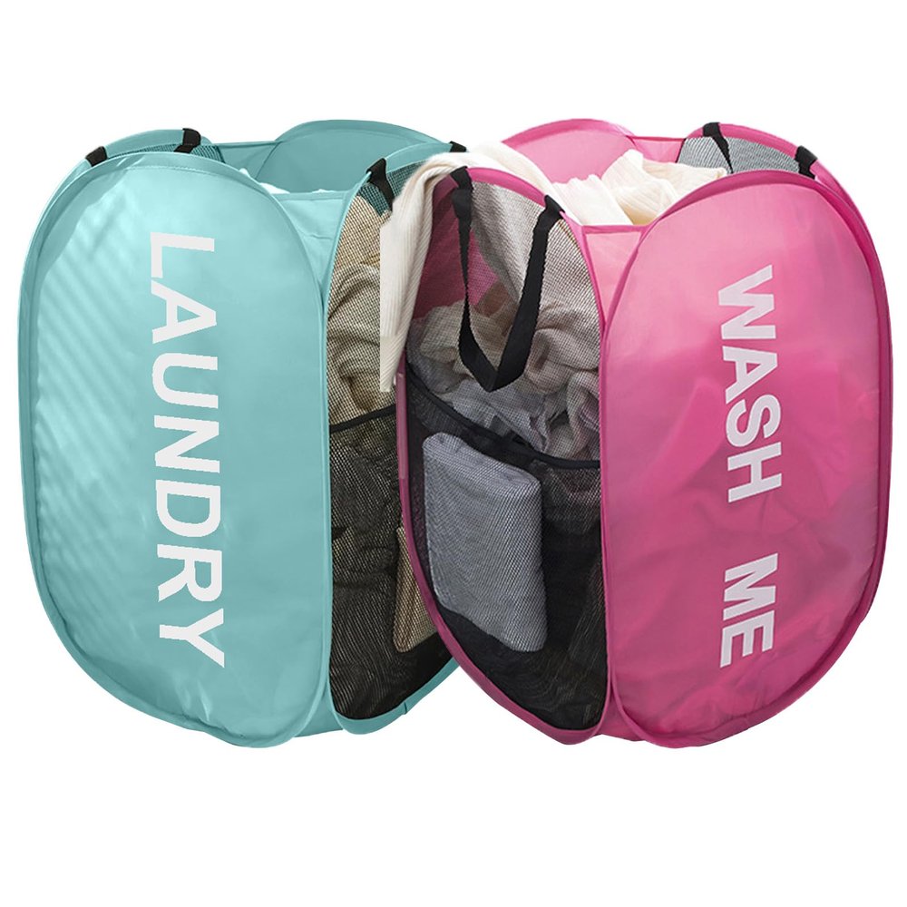 Larpur Pop Up Laundry Baskets, 2 Pack Mesh Laundry Hampers Collapsible Clothes Hampers for Home, Dorm, Travel (Pink + Blue)
