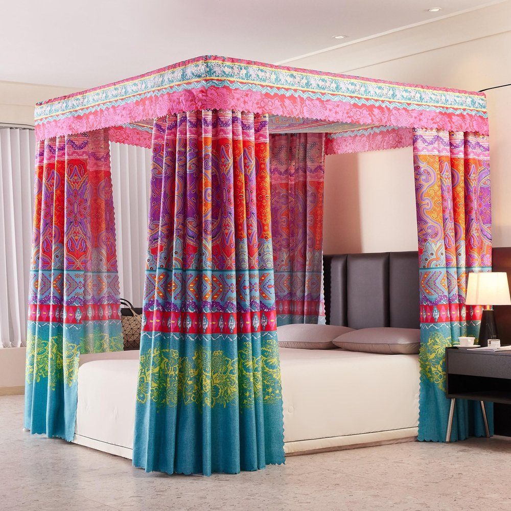 Aulatben Canopy Bed Curtains 4 Corners Post Bed Canopy Curtains Queen Bed Curtain Drapes Bed Canopy for Adults & Girls Bedroom Decoration (Queen)