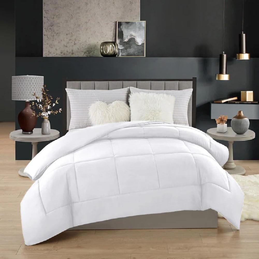 TRP Lightweight Super Soft Plush 1 Piece Pretty Boxed Stitched Down Alternative Comforter Duvet Insert King Size | Solid Bright White Color All Seasons Hotel Bedding Stain & Wrinkle Resistant