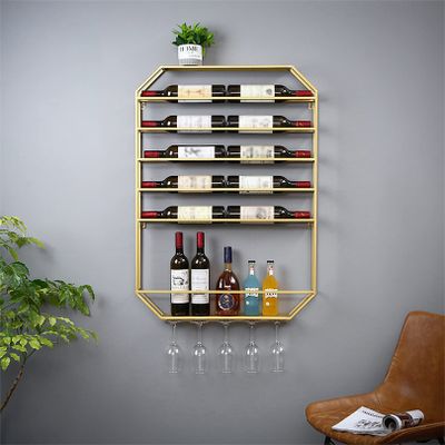 BABYCE Wine Rack Display Stand Vintage Decorative Modern Gold/Black Metal Round Wall Mounted Wine Display Rack with Wine Glass Goblet Holder, Hanging Wine Holder for Bar Wine Cellar Kitchen Counter